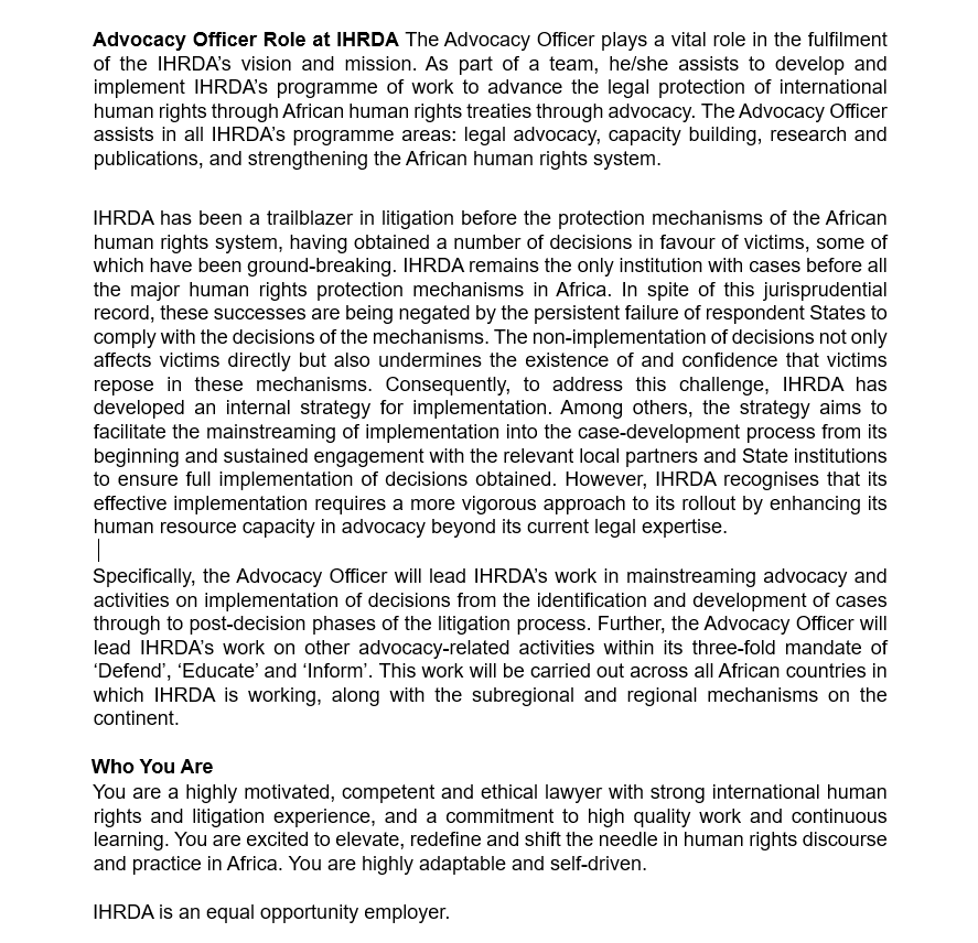 IHRDAfrica's tweet photo. [Vacancy] 📣📣📣

@IHRDAfrica invites qualified persons to apply for the post of Advocacy Officer.

🛑The closing date for applications is 9 February 2025. https://t.co/vc61f436b5 https://t.co/DupUiLIxYy