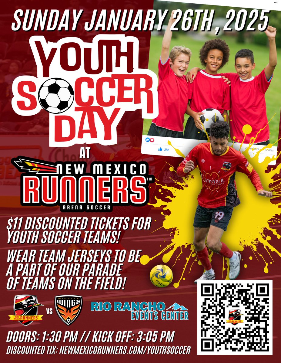 🌟 Join Us for #YouthSoccer Day with the Runners! ⚽
Get ready for an unforgettable day of fast-paced #arenasoccer action on Sunday, January 26th, at the #RioRancho Events Center!
🎟️ Discounted Tix $11: newmexicorunners.com/youthsoccer

#RunAsOne #season6 #NewMexicoRunners #abq #nmsoccer