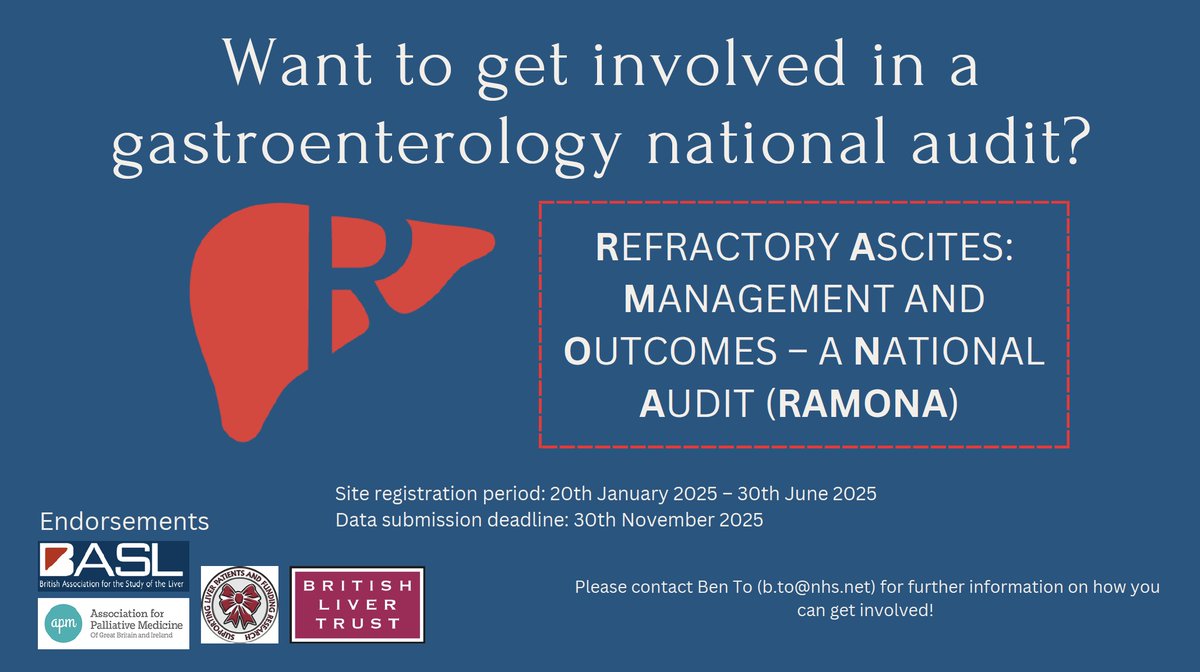 RAMONA (@ramona_liver) on Twitter photo We are excited to launch our national audit, entitled 'Refractory Ascites: Management and Outcomes - a National Audit' (RAMONA). If you would like to get involved, please drop us an email! 🥳
Thanks to <a href="/basl_events/">BASL</a> <a href="/APMPostTweets/">APM</a> <a href="/livernorth/">LIVErNORTH</a> <a href="/LiverTrust/">British Liver Trust</a> for their support! We are excited to launch our national audit, entitled 'Refractory Ascites: Management and Outcomes - a National Audit' (RAMONA). If you would like to get involved, please drop us an email! 🥳
Thanks to <a href="/basl_events/">BASL</a> <a href="/APMPostTweets/">APM</a> <a href="/livernorth/">LIVErNORTH</a> <a href="/LiverTrust/">British Liver Trust</a> for their support!