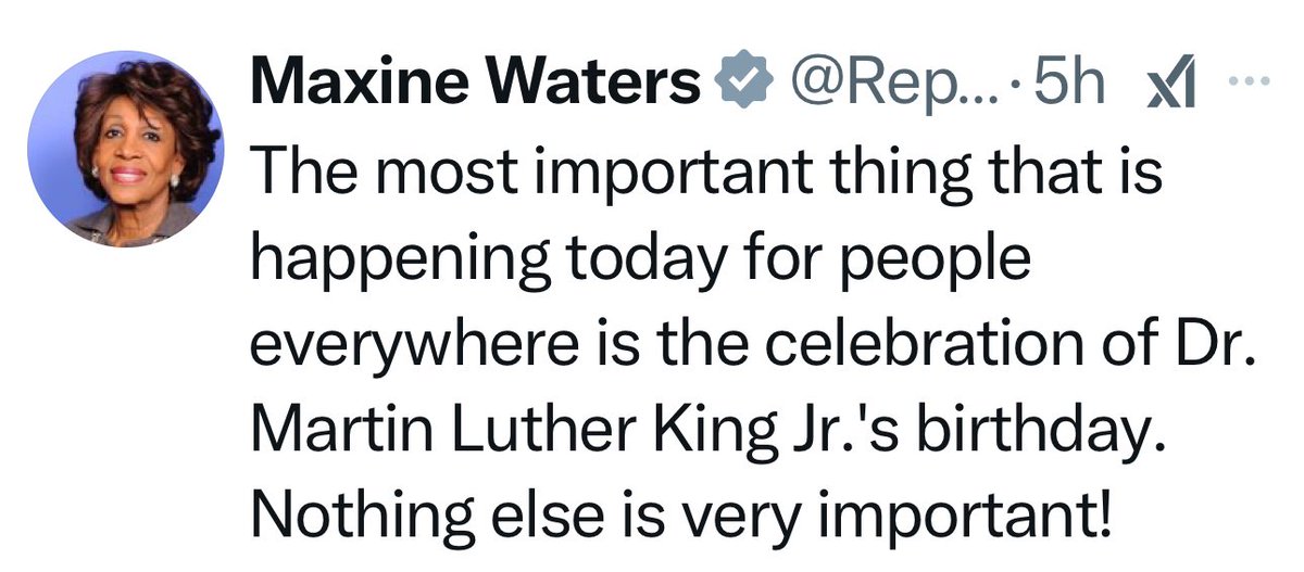 ArmaLite15OU812's tweet photo. Maxine Waters tried to overturn the 2016 election when she claimed President Trump stole it. 

She told people not to accept the results and she also instructed people to attack republicans at restaurants, grocery stores or wherever they are seen. 

Then yesterday on Trump’s inauguration, she tells the world that the only thing happening that’s important is the celebration of MLK Jr.  

What a heinous human being, I can’t wait to hopefully much sooner than later see her obituary!