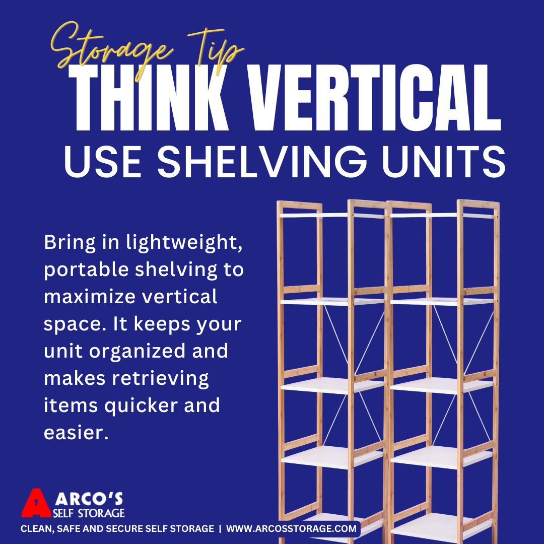 ArcosStorage's tweet image. When you run out of floor space, look up! Portable shelving is a game-changer for maximizing your storage unit. Everything stays tidy and easy to grab when you need it. 🪜📚 

#VerticalStorage #ArcosStorage