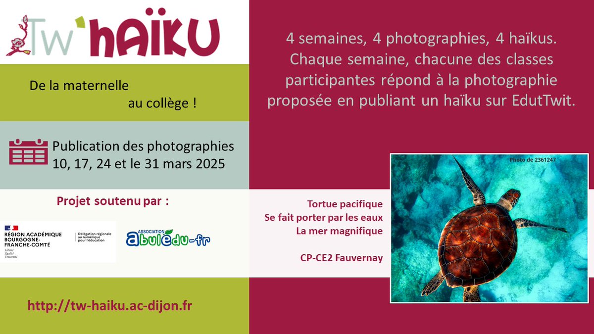 ☀️Prêts pour l'édition 2025 de #TwHaiku ? 
✍️Inscriptions sur enquete.drnebfc.fr/index.php/5268…
🌺Infos sur tw-haiku.wp.ac-dijon.fr/inscription/
<a href="/AbulEduFr/">AbulÉdu-fr</a> <a href="/VChabrot/">Vanessa Chabrot</a>  <a href="/Morgan_Mgdx/">Morgan Magadoux</a> <a href="/EricPeclet/">Eric Péclet</a> <a href="/DrneBFC/">DRANE Bourgogne-Franche-Comté</a>