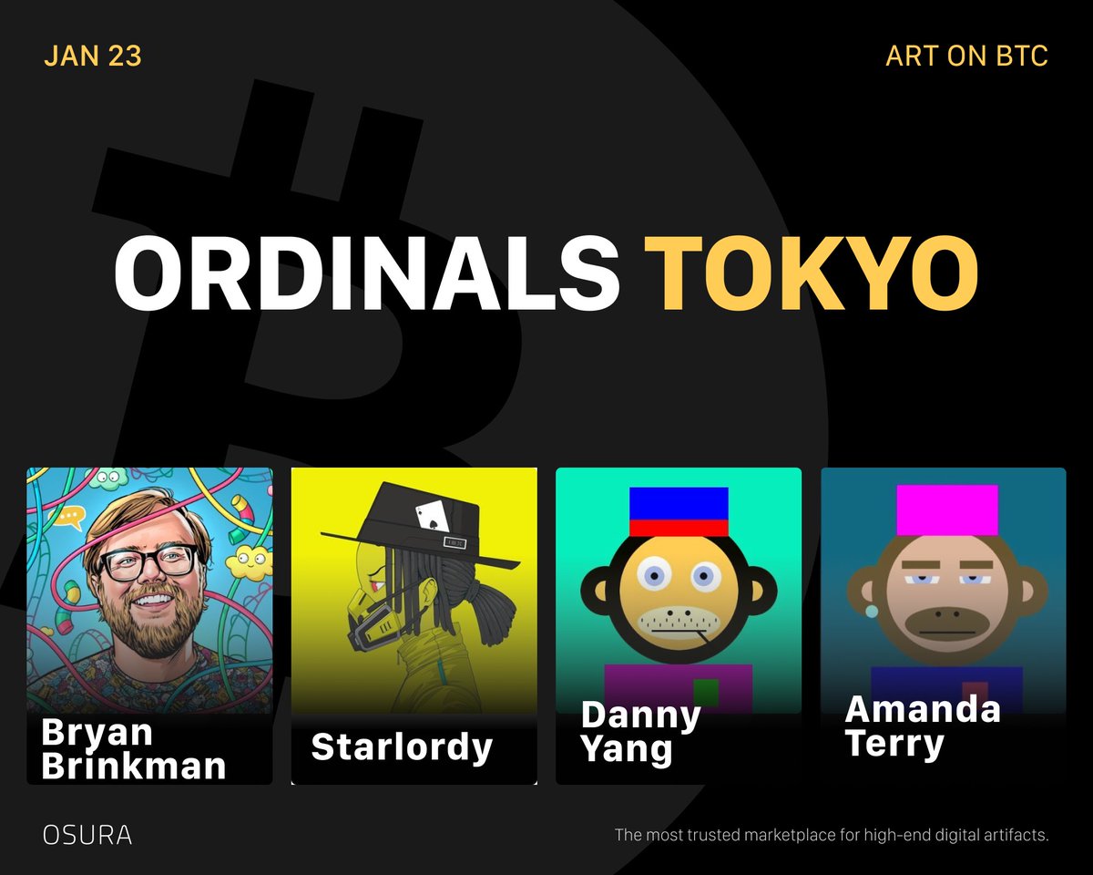 OnChainMonkey's tweet image. Join us as we recap @OrdinalsTokyo! We'll cover:

🔸What we've been cooking w/ @bryanbrinkman 
🔸Why @starlordyftw, @veryordinally &amp;amp; @huuep on the Ordinal Art Foundation = bullish for Art on Bitcoin!

📅 Thurs, 10am PT | Set your reminders 👇