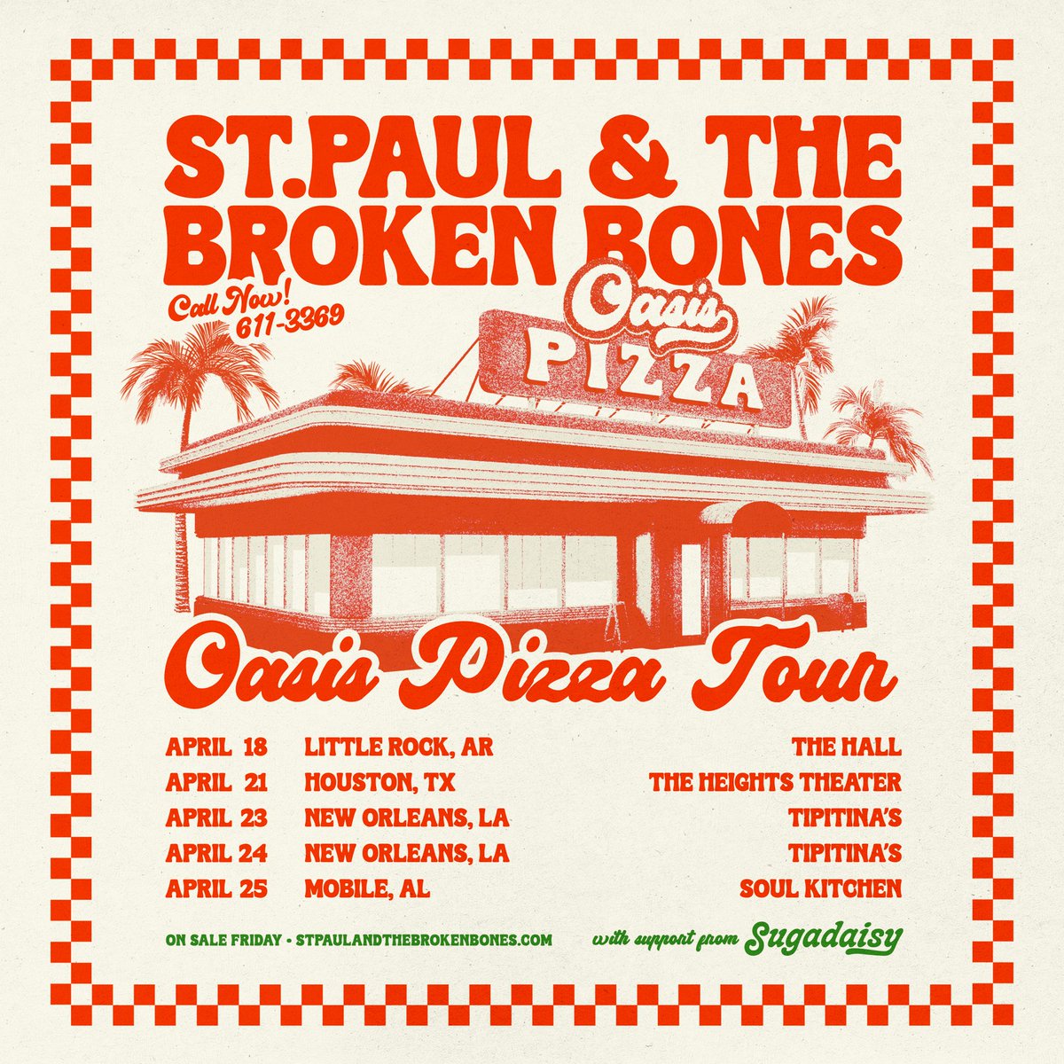 St. Paul & The Broken Bones (@stp_brokenbones) on Twitter photo Get ready for a slice of live music delivered straight to your city! Weāre hitting the road this April for the Oasis Pizza Tour & weāre excited to have <a href="/sugadaisyband/">Sugadaisy</a> joining usš
Tickets on sale Friday, Jan 24 at 10am local. Sign up here for early access stpaulandthebrokenbones.com/shows Get ready for a slice of live music delivered straight to your city! Weāre hitting the road this April for the Oasis Pizza Tour & weāre excited to have <a href="/sugadaisyband/">Sugadaisy</a> joining usš
Tickets on sale Friday, Jan 24 at 10am local. Sign up here for early access stpaulandthebrokenbones.com/shows