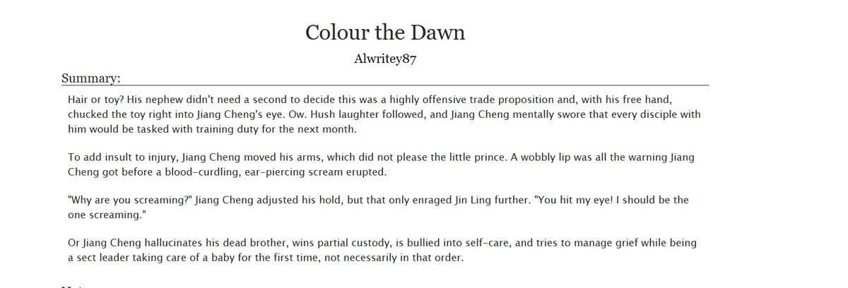 I am so excited to share my sixth prompt for <a href="/JuniorsAction/">Juniors quartet action| donations closed!</a> 🥳. Thank you so much to <a href="/Potatoaren/">Ren</a> for giving me a reason to write more tired Jiujiu and baby a-ling! 🪷🪷🪷

archiveofourown.org/works/62370580

#MDZS #Jiangcheng #weiwuxian