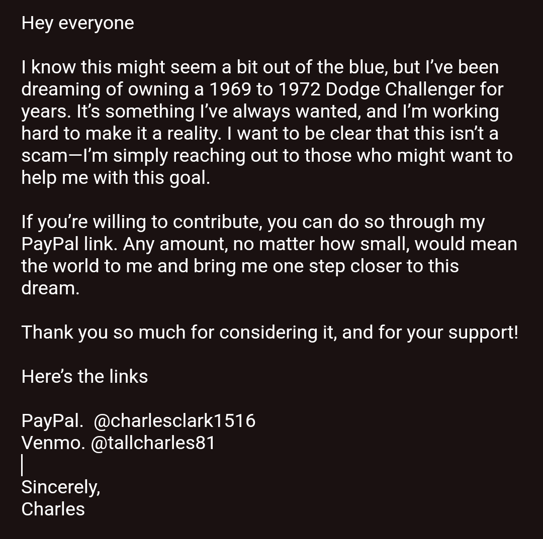 CharlesMopars's tweet photo. Help Me Achieve My Dream of Owning a 69-72 Dodge Challenger – No, It’s Not a Scam!
Just so expensive 😞 https://t.co/6Wcqi9m40s
