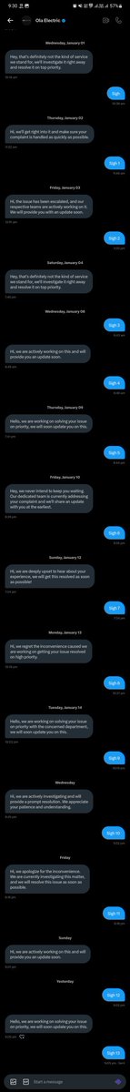 Subhamkundu03's tweet photo. Congratulations 👏🏻 @bhash @OlaElectric for completing 30 days (1 month) of NO SUPPORT.

Buying 1.5L scooter totally worth it. LOVE seeing it standing idle in centre since last 15 days. So cooperative. So helpful. absolute #hyperservice 

Good job team! Screenshots attached below https://t.co/Chf23Ojcs8