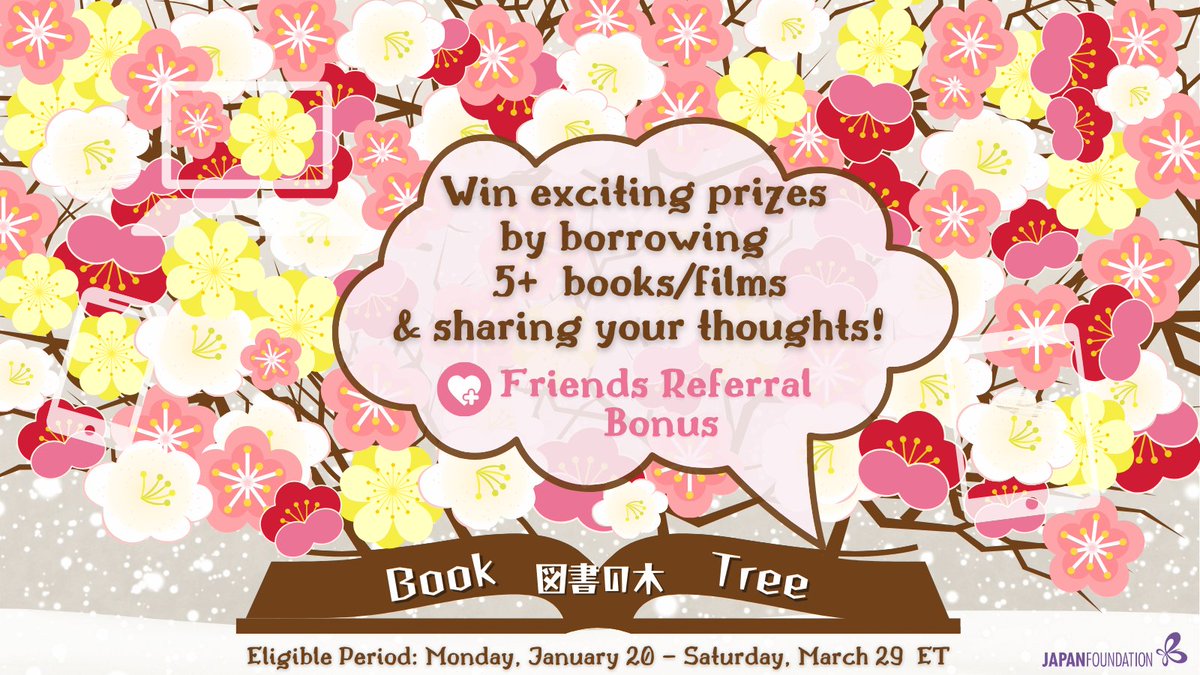Win prize by sharing your thoughts on books/films on #JFBookTree &amp; referring friends💝
🗓️Jan 20-Mar 29 ET
1️⃣Get library card with @jftoronto(Canada resident) or <a href="/JF_LosAngeles/">Japan Foundation, Los Angeles (JFLA)</a>(US resident)
2️⃣Borrow 5+ physical/digital items
3️⃣Submit your comment&amp;ballot
tr.jpf.go.jp/event/booktree…
