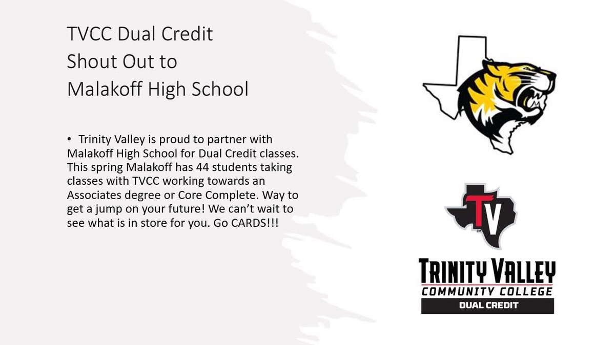 Trinity Valley Community College is proud to partner with Malakoff High School. This spring they have 44 students taking college classes. Way to go CARDS!!