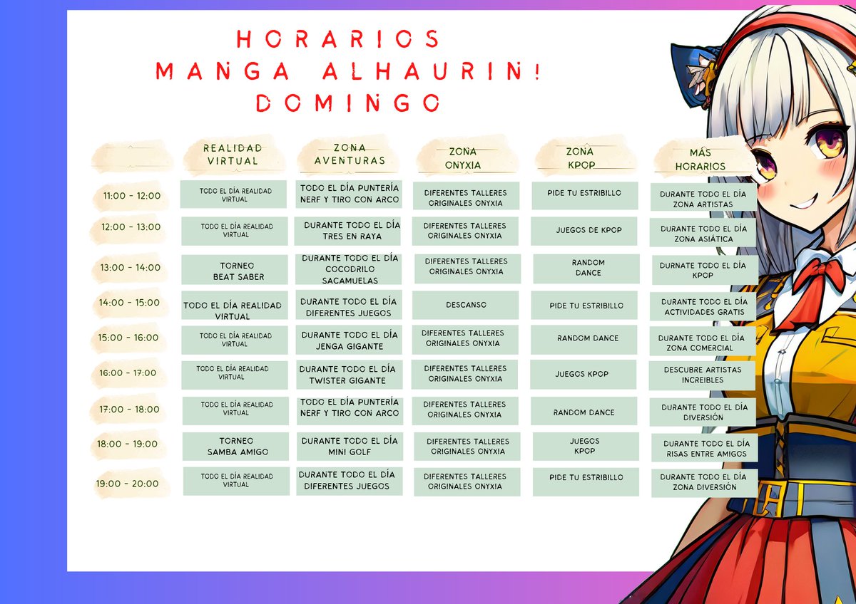 Ya tenemos los horarios el domingo de #mangaalhaurin . Entre los dos días más de 100 actividades con entrada completamente gratuita.