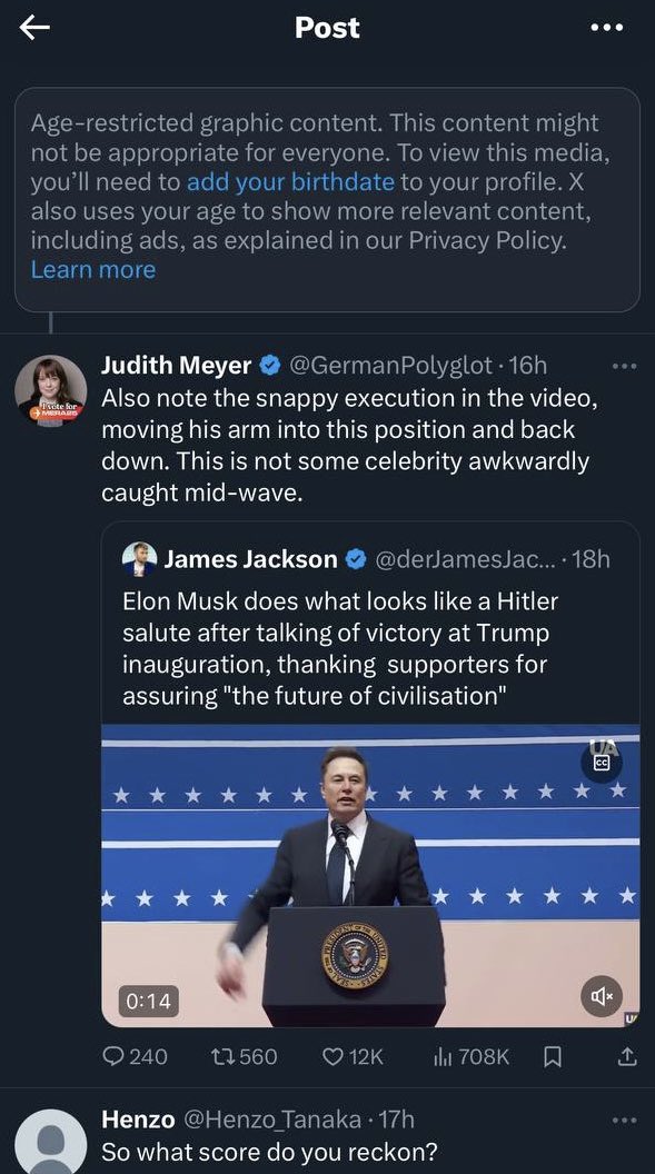 GermanPolyglot's tweet photo. So this just happened… my educational tweet got 4.6 million views, then someone at X decided to slap an unwarranted R-rating on it, and it has become invisible. 
Note that I did not say whether Musk was doing a Nazi Salute, I only provided criteria. Did he decide they fit? https://t.co/i1l0a7yWbe