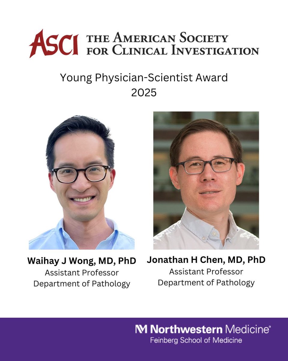 Out of only 50 recipients nationwide, two of our outstanding faculty in Pathology, Dr. Waihay Wong and Dr. Jon Chen, have been honored with the prestigious ASCI Young Physician-Scientist Award! Congratulations to both! 🎉🎊