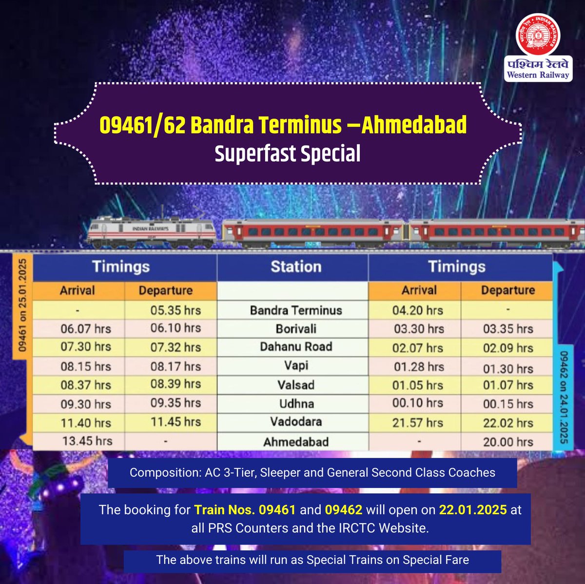WesternRly's tweet photo. WR will run Train Nos. 09461/62 Bandra Terminus - Ahmedabad Superfast Special to meet the travel demand created by #Coldplay concertgoers traveling to Ahmedabad and other passengers.

The booking for Train Nos. 09461 and 09462 will open on 22.01.2025, tomorrow, at all PRS Counters and the IRCTC Website.

#WRUpdates