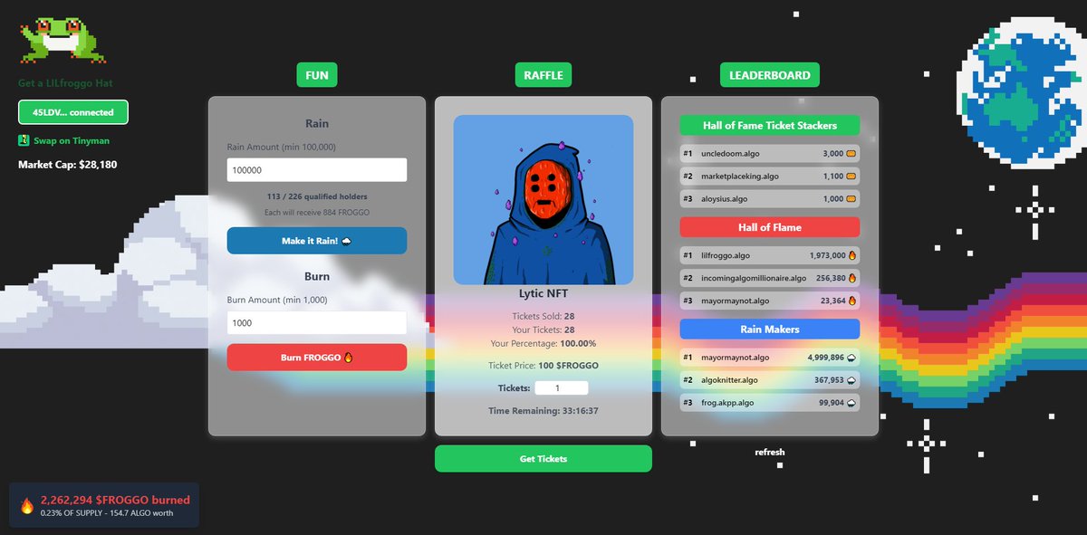 AlgoKnitter's tweet image. 🔥 LILfroggo app v3.0 🔥
lilfroggo.vercel.app
- added mobile support (basic)
- MBR for rain (avoid farmers)
- added rain makers to leaderboard
- added direct burn in app
Let's celebrate with a LYTIC NFT for raffle