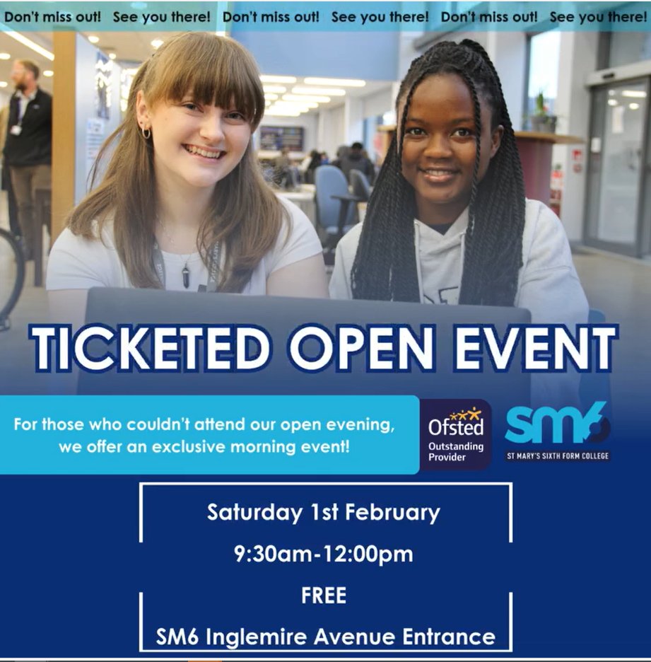 SMC Sixth Form (@sm6hull) on Twitter photo Weโre excited to invite you to our next Open Event on 1st February!
Learn more about our courses or explore our premises- this event has something for everyone!
๐
Saturday, 1st February
๐ 9.30am โ12.00pm
๐ St Maryโs Sixth Form College
๐๏ธBook here: ticketsource.co.uk/smchull/t-rpvzโฆ Weโre excited to invite you to our next Open Event on 1st February!
Learn more about our courses or explore our premises- this event has something for everyone!
๐
Saturday, 1st February
๐ 9.30am โ12.00pm
๐ St Maryโs Sixth Form College
๐๏ธBook here: ticketsource.co.uk/smchull/t-rpvzโฆ