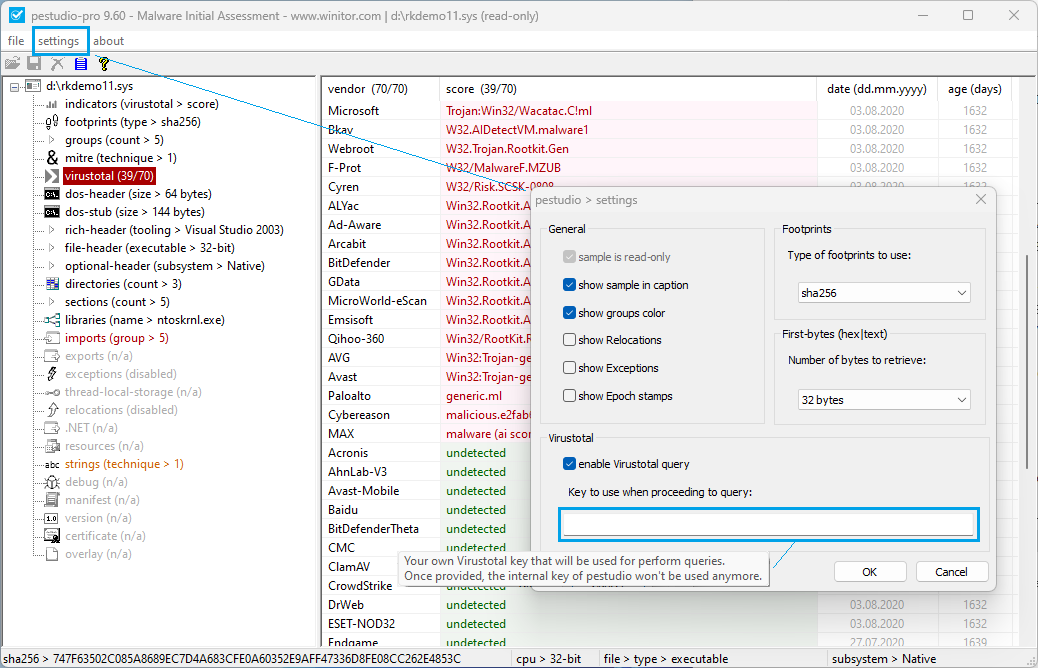 ochsenmeier's tweet image. Next #pestudio to support usage of your own @virustotal key, in order to overcome limitations of the internal key #malware #dfir
