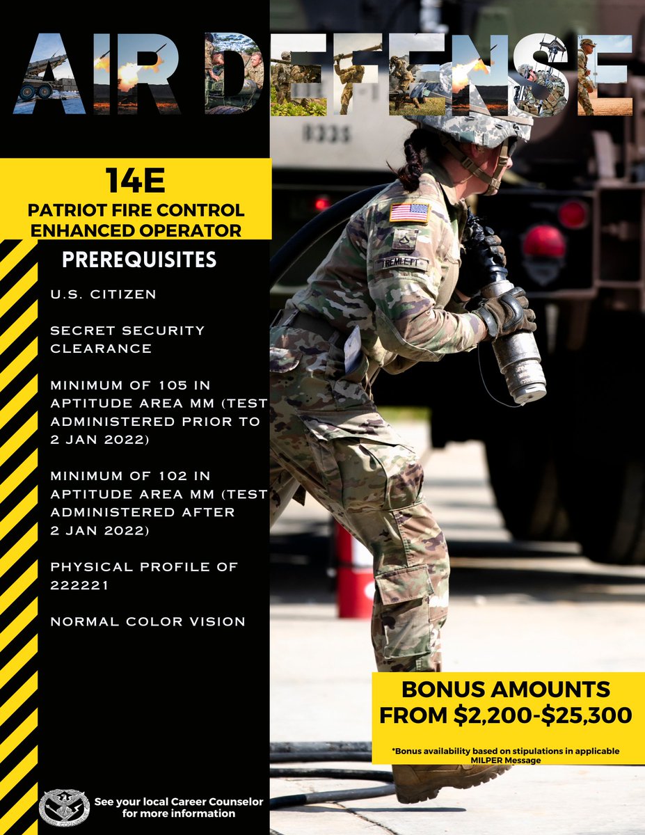 armyretention's tweet image. Introducing 14E!!

As MOS 14E, these soldiers operate and maintain the sophisticated Patriot radar and missile systems, ensuring our airspace remains safe by detecting, tracking, and neutralizing airborne threats with precision.  #ArmyStrong #AirDefense
