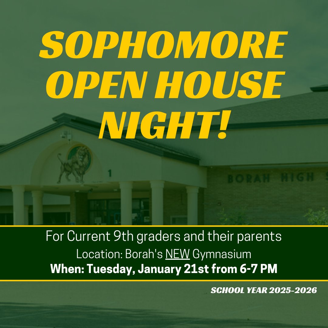 𝑺𝒆𝒆 𝒚𝒐𝒖 𝑻𝑶𝑵𝑰𝑮𝑯𝑻!

Incoming 10th graders, join us tonight in the New Gym from 6-7 pm to see all the great departments, clubs, and sports that Borah has to offer!