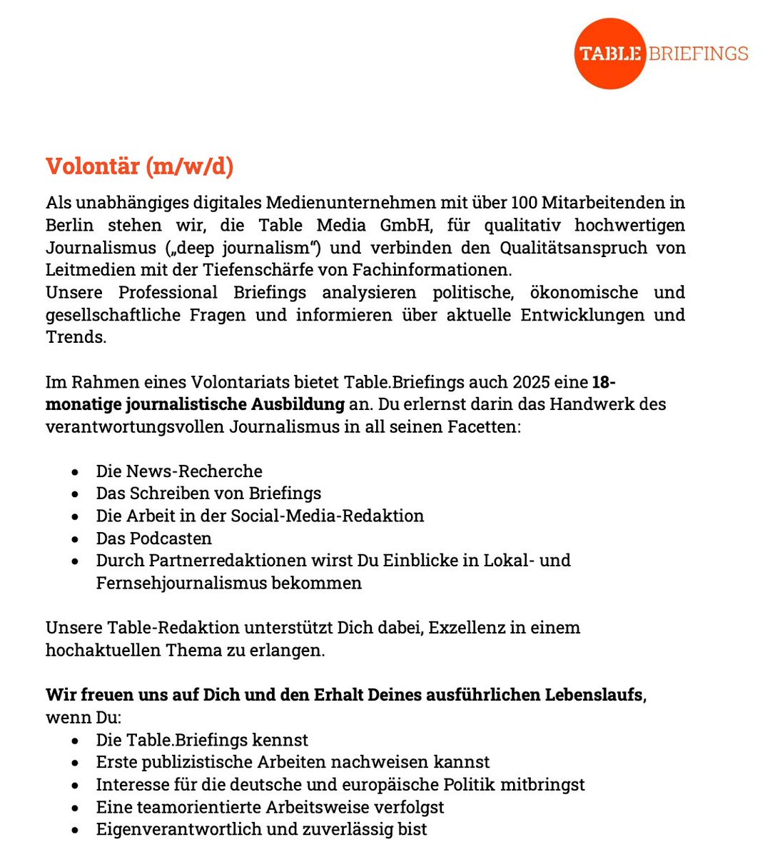 👩‍💼 Du bist neugierig, gewissenhaft, sprachbegabt und hast Lust auf ein bärenstarkes und sympathisches Team? 
✍️ Du schätzt Deep Journalism eher als die schnelle These? 
☕️ Du möchtest nicht Kaffee kochen, sondern direkt rein ins Getümmel?  
👇
table.media/karriere#stell…