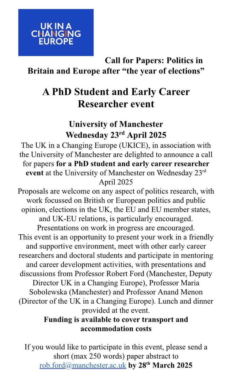 PSA ECN (@psa_ecn) on Twitter photo 📢 Call for papers! 🚨
Are you an ECR doing research on UK and/or EU politics, policy and public opinion? 🗳️ Send your abstract to participate in: “Politics in Britain and Europe after ‘the year of elections’.” Organised by <a href="/UKandEU/">UK in a Changing Europe</a> 🇬🇧 🇪🇺
Find more details below 👇🏽 📢 Call for papers! 🚨
Are you an ECR doing research on UK and/or EU politics, policy and public opinion? 🗳️ Send your abstract to participate in: “Politics in Britain and Europe after ‘the year of elections’.” Organised by <a href="/UKandEU/">UK in a Changing Europe</a> 🇬🇧 🇪🇺
Find more details below 👇🏽