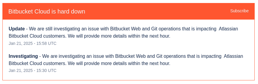 Bitbucket is HARD DOWN. Every service out. DNS busted?