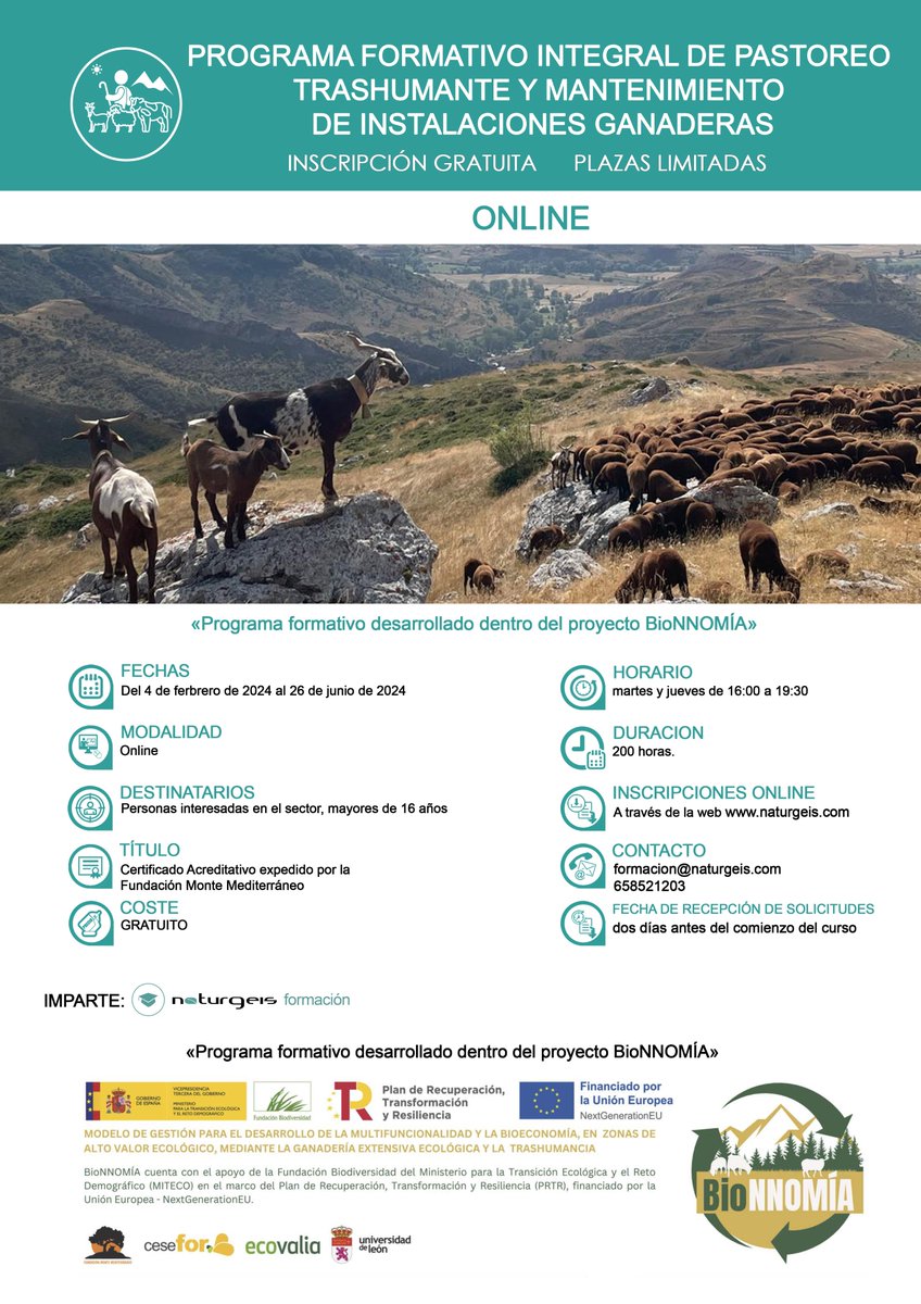 📖🐐Programa Integral de Pastoreo Trashumante y Mantenimiento de Instalaciones Ganaderas

Curso en línea. Gratuito. 

🗓️Febrero-Junio 2025.

Programa e inscripción⬇️⬇️⬇️
naturgeis.com/curso/programa…

#Ruralismo