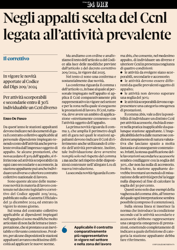 📢 Novità dal Decreto Legislativo Correttivo del Codice Appalti 209/2024 📢

A partire dal 31 dicembre 2024, sono entrate in vigore importanti modifiche che riguardano la scelta del contratto collettivo nazionale di lavoro (Ccnl) applicabile negli appalti.