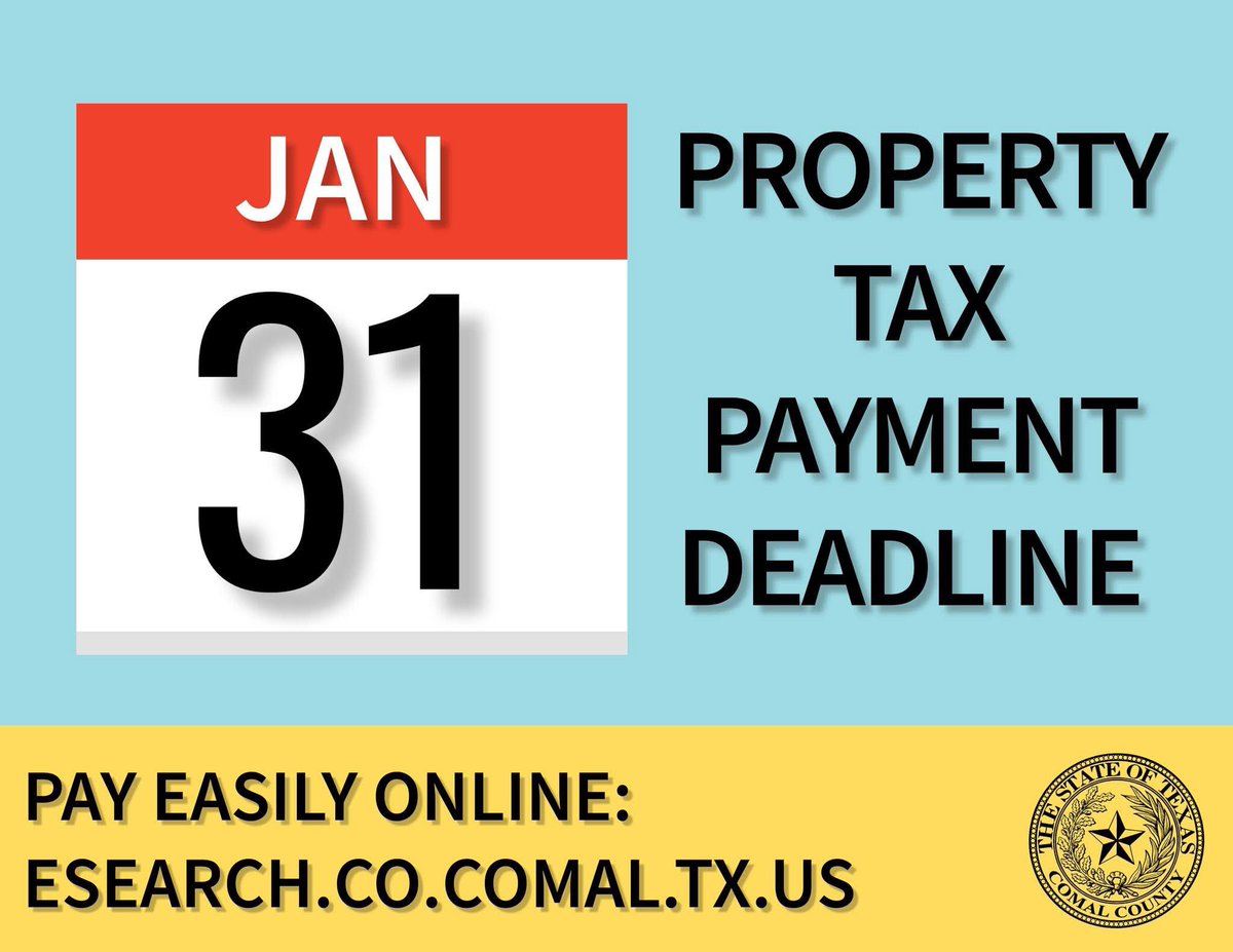 Comalcountytax's tweet photo. The property tax payment deadline is January 31st! Payment options include the use of our search-and-pay website: https://t.co/LkqFgprDM0

@comalcountytx 
Comal County, Texas https://t.co/MdVzSJGoDx