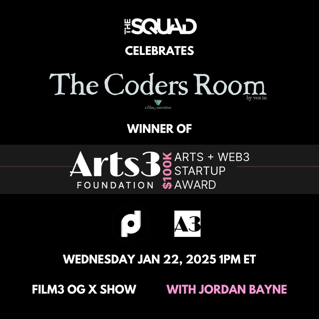 JORDAN BAYNE ᵍᵐ 📽 The Squad (@jordanbayne) on Twitter photo Join me to celebrate our frens <a href="/Coders_Room/">The Coders Room</a> on being the recipients of <a href="/DCP_Foundation/">Decentralized Pictures</a> and <a href="/arts3fdn/">Arts3 Foundation</a> Start Up Award. We are so excited for them. Brought to you by <a href="/Film3Squad/">The Squad | Origin of Film3</a>
🎙️<a href="/jordanbayne/">JORDAN BAYNE ᵍᵐ 📽 The Squad</a>
🎙️<a href="/film_freako/">filmfreako</a>
and more of your favorites.
#Film3 is the #NextWaveCinema Join me to celebrate our frens <a href="/Coders_Room/">The Coders Room</a> on being the recipients of <a href="/DCP_Foundation/">Decentralized Pictures</a> and <a href="/arts3fdn/">Arts3 Foundation</a> Start Up Award. We are so excited for them. Brought to you by <a href="/Film3Squad/">The Squad | Origin of Film3</a>
🎙️<a href="/jordanbayne/">JORDAN BAYNE ᵍᵐ 📽 The Squad</a>
🎙️<a href="/film_freako/">filmfreako</a>
and more of your favorites.
#Film3 is the #NextWaveCinema