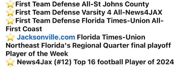 Ryker Kemp (@ryker_kemp) on Twitter photo Blessed with a great senior season and grateful for the accolades that followed my efforts.
Thank you <a href="/Sports4Jax/">News4Jax Sports</a> for ranking me the #12 best player in Jacksonville. Blessed with a great senior season and grateful for the accolades that followed my efforts.
Thank you <a href="/Sports4Jax/">News4Jax Sports</a> for ranking me the #12 best player in Jacksonville.