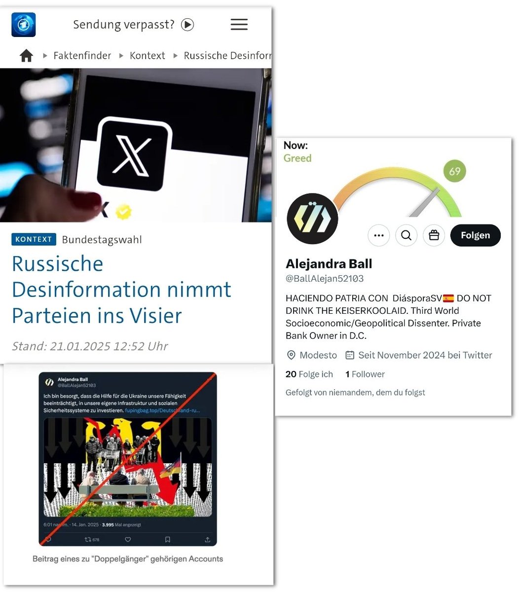 Der ARD Faktenfinder warnt vor russischer Desinformation und Wahlbeeinflussung bei X. Als Beispiel wird ein Account gezeigt, der genau 1 Follower hat. #ReformOerr #OerrBlog