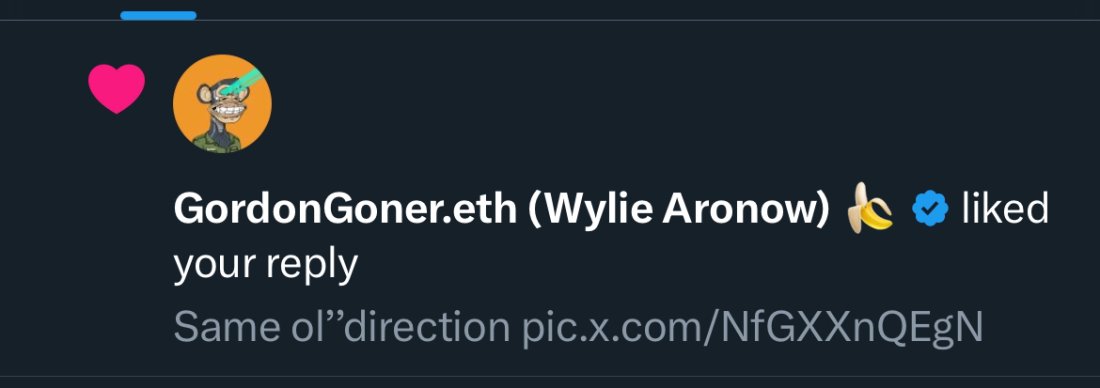 Speaking of wins, one of our community posts caught a like from <a href="/GordonGoner/">GordonGoner (Wylie Aronow) 🍌</a>, the founder of Bored Ape Yacht Club. Feels like it’s only a matter of time before we land a big retweet!