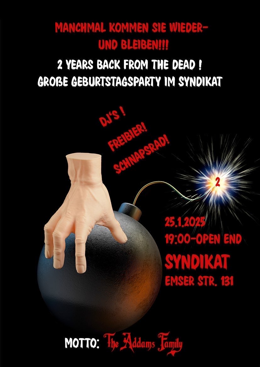 Am Samstag, #b2501 feiern wir ab 19 Uhr unseren 2. Kneipengeburtstag. Wir feiern unter dem Motto: The Adams Family. Kostüme sind gerne gesehen! Es gibt Dj´s (All Time favorite Punkrock), ein Schnapsrad und diverse Kleinigkeiten. Wir freuen uns, euch am Samstag zu sehen.