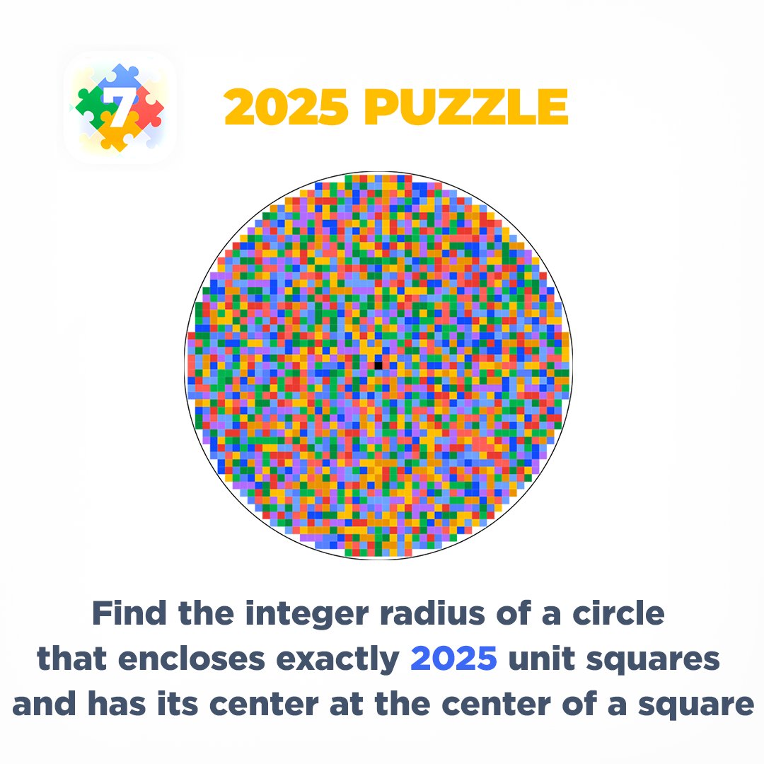 euclidea_app's tweet image. ❄️ Find the integer radius of a circle that encloses exactly 2025 unit squares and has its center at the center of a square.

#maths #2025puzzle #euclidea
