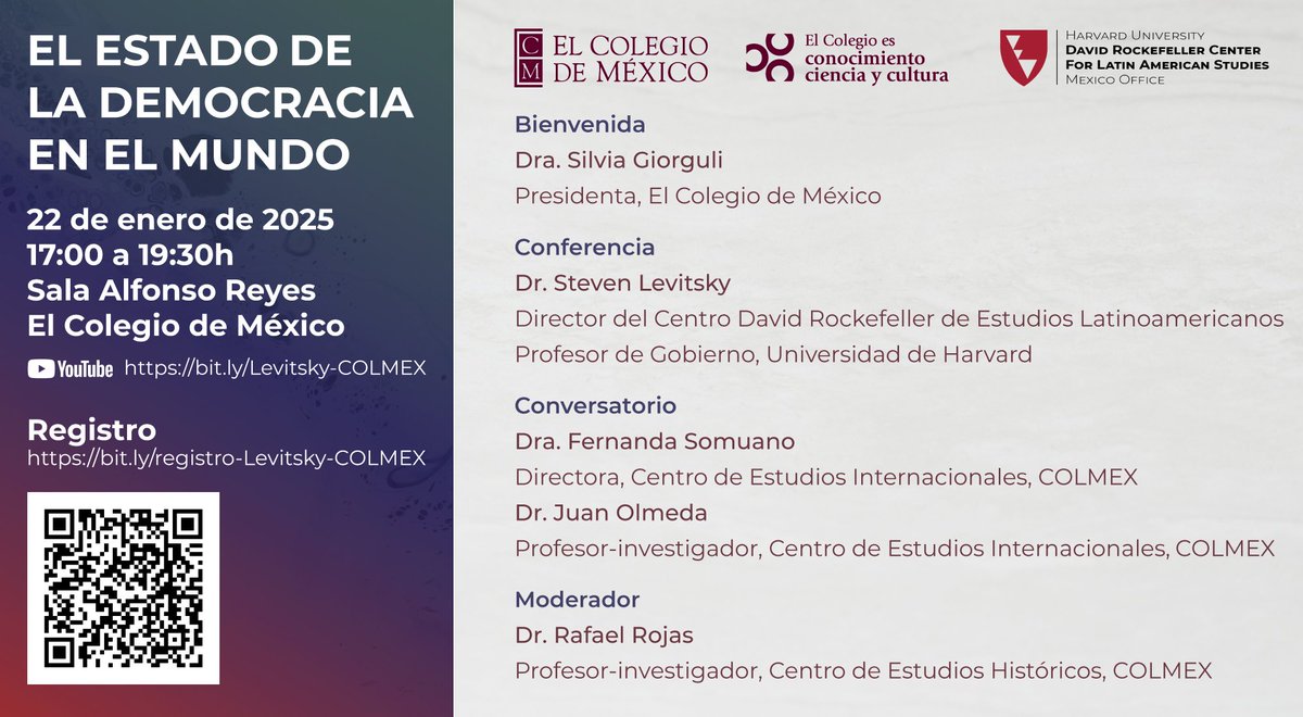 Mañana estaremos hablando con Steve Levitsky sobre la situación de la democracia a nivel global. El evento se puede seguir de manera virtual. 👇👇👇