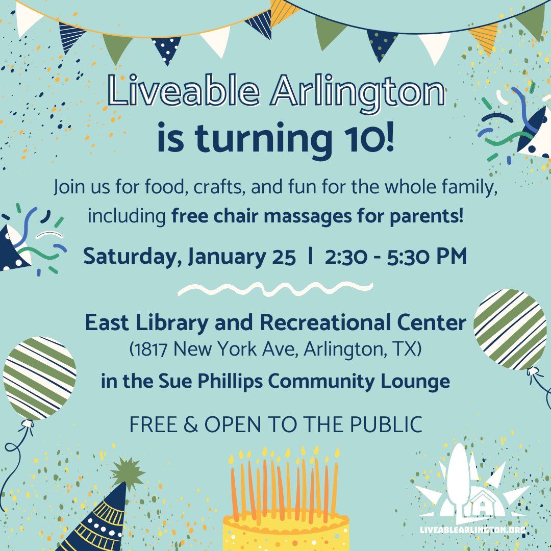 Liveable Arlington is celebrating our 10th anniversary! The whole family is welcome to join us for food, crafts, and fun on Sat., Jan 25th from 2:30-5:30 PM at East Library and Rec Center (1817 New York Ave). Our birthday party is free and open to all!