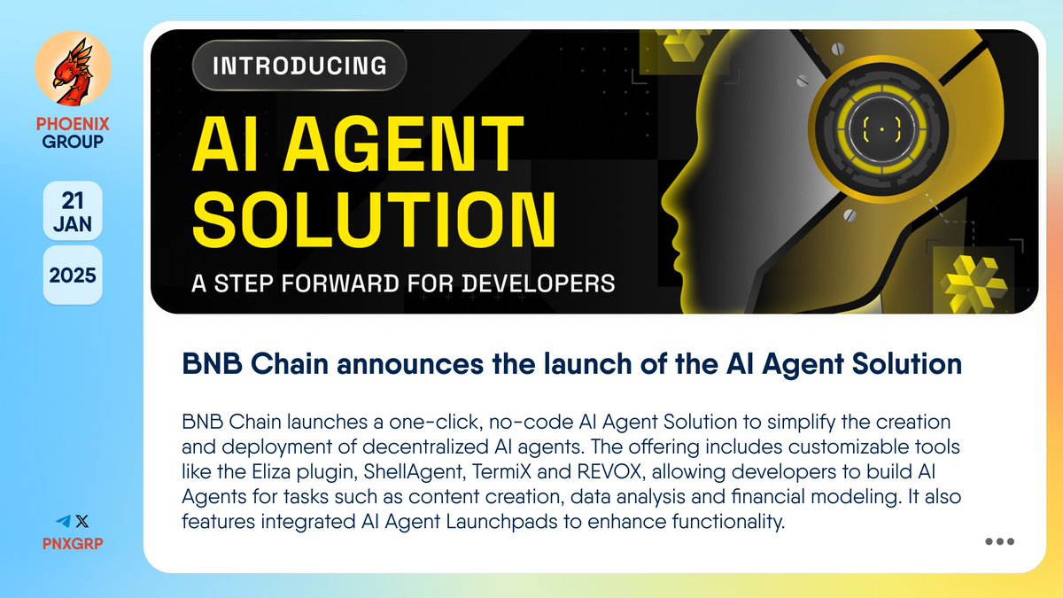🔥 @BNBChain announces the launch of the AI Agent Solution #BNBChain  launches a one-click, no-code #AIAgentSolution to simplify the creation and  deployment of decentralized AI agents. The offering includes customizable  tools like