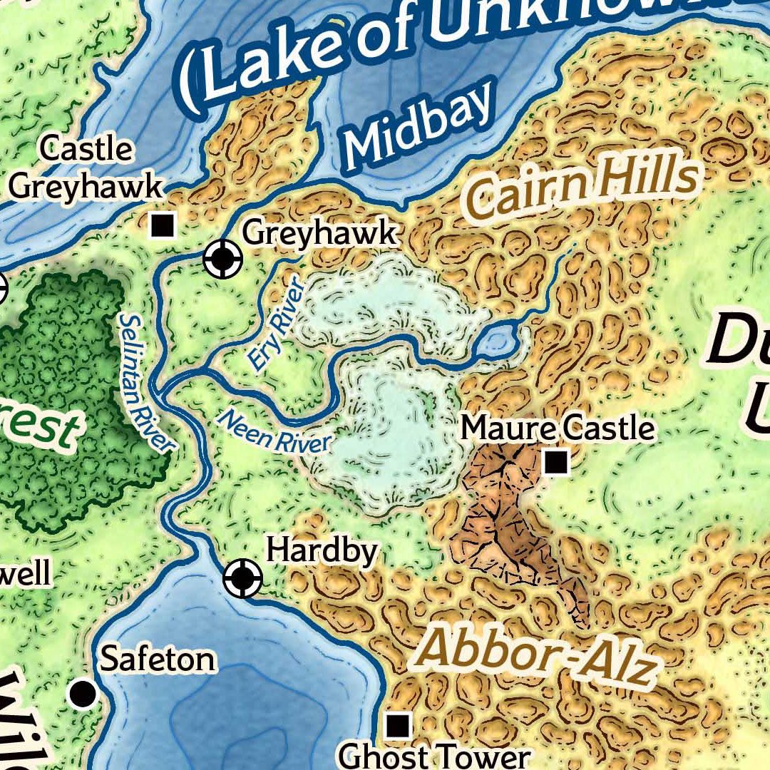 schley's tweet image. Here’s a peek at the level of clarity and detail in a small portion of my new Greyhawk #RPGmap. Originally appearing as a foldout in the ‘24 edition of #DnD’s #DungeonMastersGuide, I’ve recently made it available for download or shipping in a variety of print sizes. Enjoy!