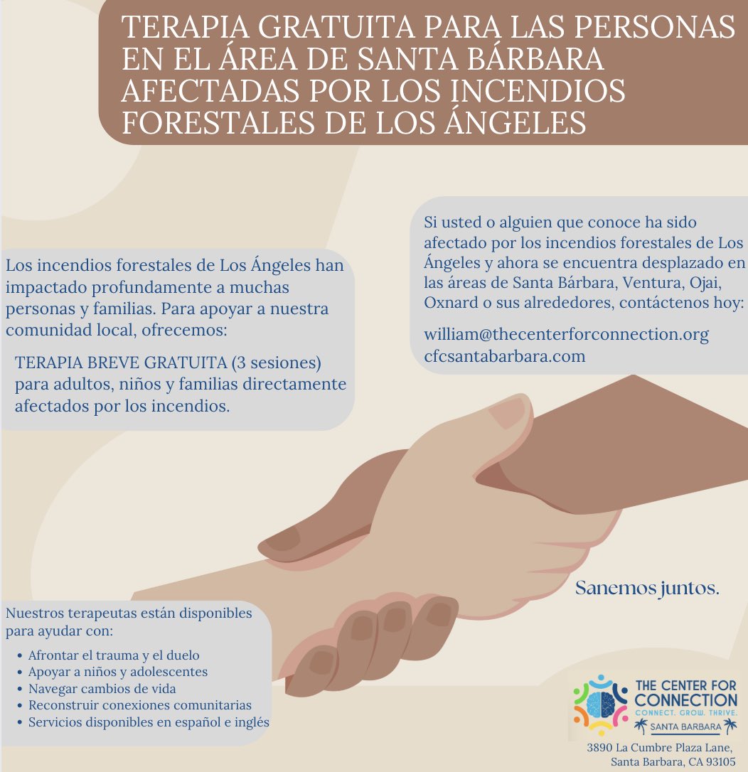 Looking for mental health support in the Santa Barbara/Ventura regions after the LA wildfires? Come see us for 3 free sessions of trauma and grief support. 

CFCSantaBarbara.com