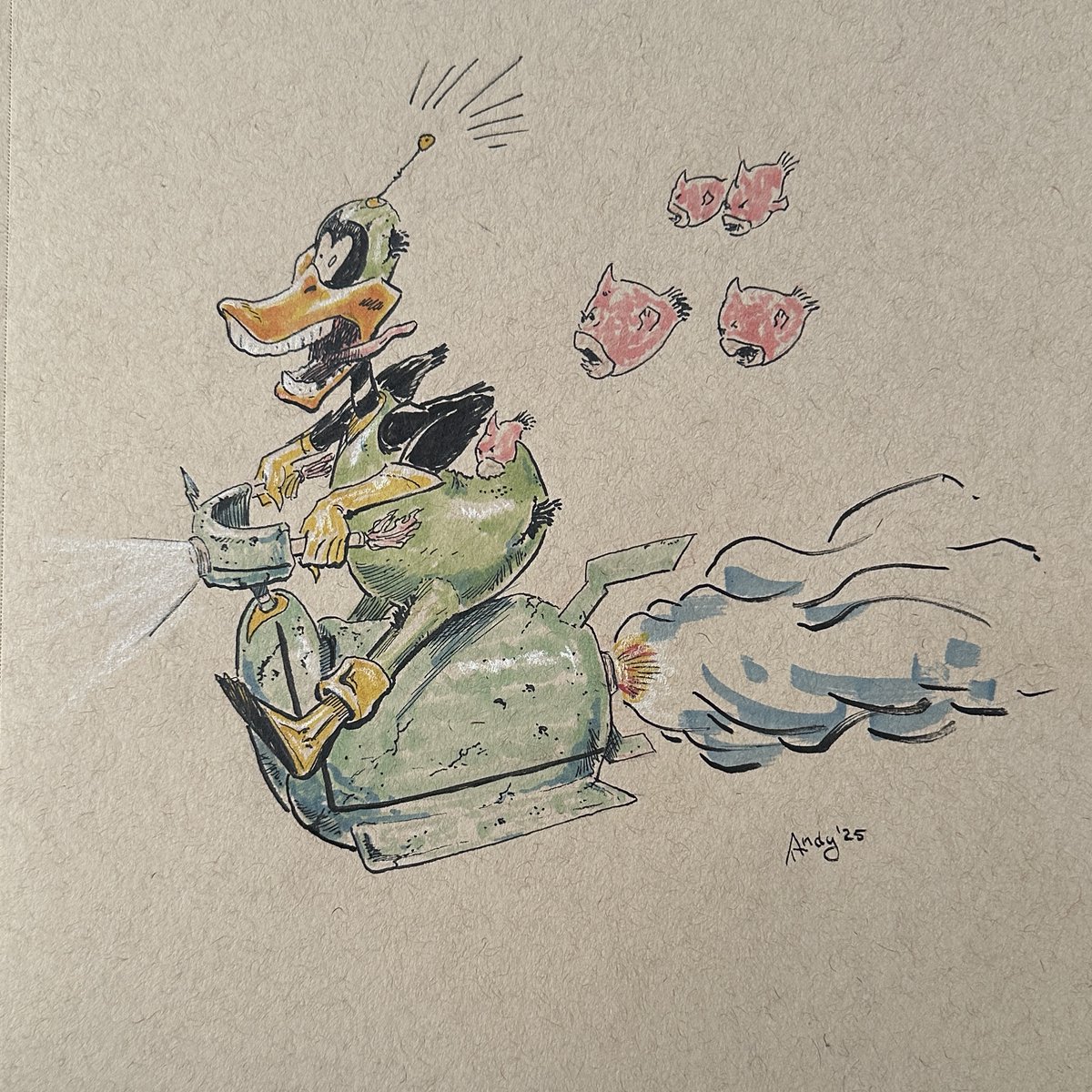 rodriguezandy74's tweet photo. Andy B. Rodriguez "Duck Dodgers in the 24 1/2th Century" January 2025, Marker, pen and ink on toned tan paper, 9x12 in.
.
#daffyduck #conceptart #illustration #art #looneytunes #animation #cartoons https://t.co/cm56btDEQ9