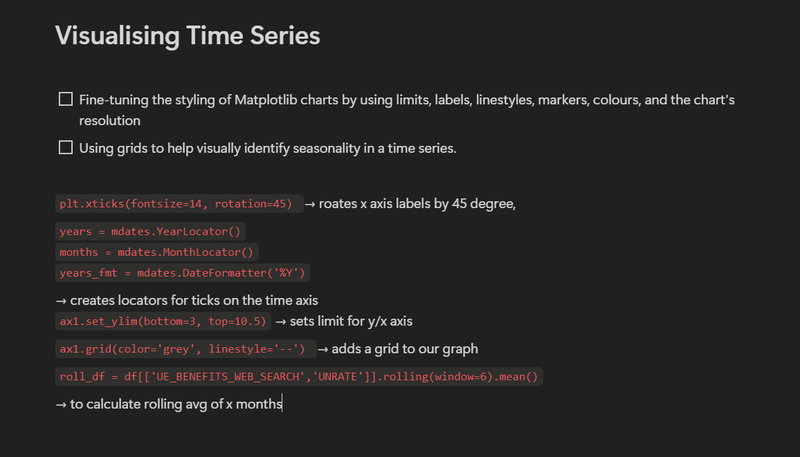 tishamdr's tweet photo. Day 14 of #COESISKnowledgeQuest            

Today, I learned to fine-tune Matplotlib charts by adjusting limits, labels and resolution, use grids to visually identify seasonality in time series data and calculate rolling averages.

#30daysoflearning #COESIS
@coesisnp https://t.co/e3WSWjnTJJ