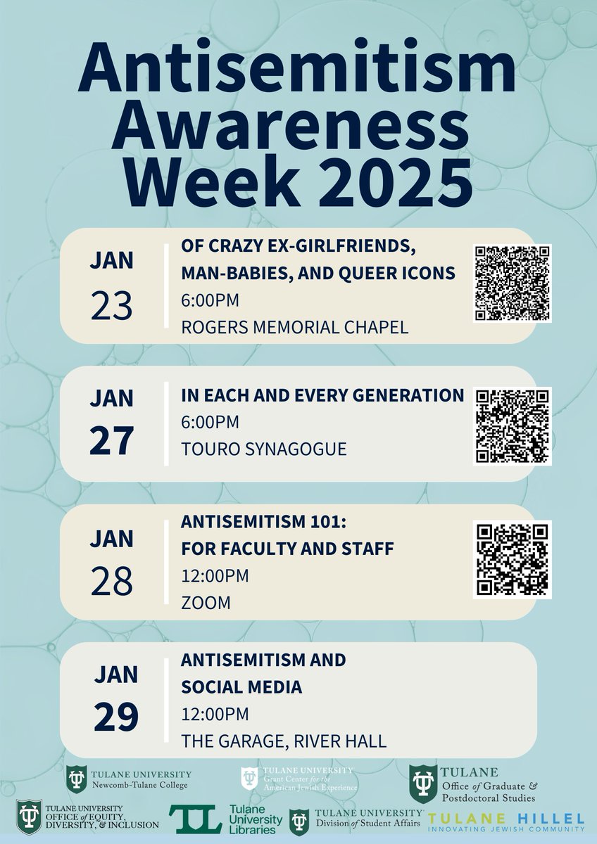 Tulane Libraries and the Office of EDI partners for Antisemitism Awareness Week 2025 for 5 fantastic events including those for the whole community, for faculty, staff, and students!
Don't forget to visit our book display in the lobby of HTML Library. Learn more on @tulaneedi