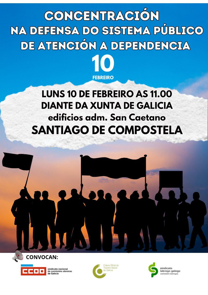 SLG_labregxs's tweet image. 📢NA DEFENSA DO SISTEMA PÚBLICO DE ATENCIÓN Á DEPENDENCIA‼️‼️
✊🏾📍O Colexio Oficial de Traballo Social (#COTS), Comisións Obreiras (#CCOO) e o Sindicato Labrego Galego-Comisións Labregas (#SLG_CCLL) convocamos
CONCENTRACIÓN diante da #XuntaDeGALICIA (#SanCaetano)