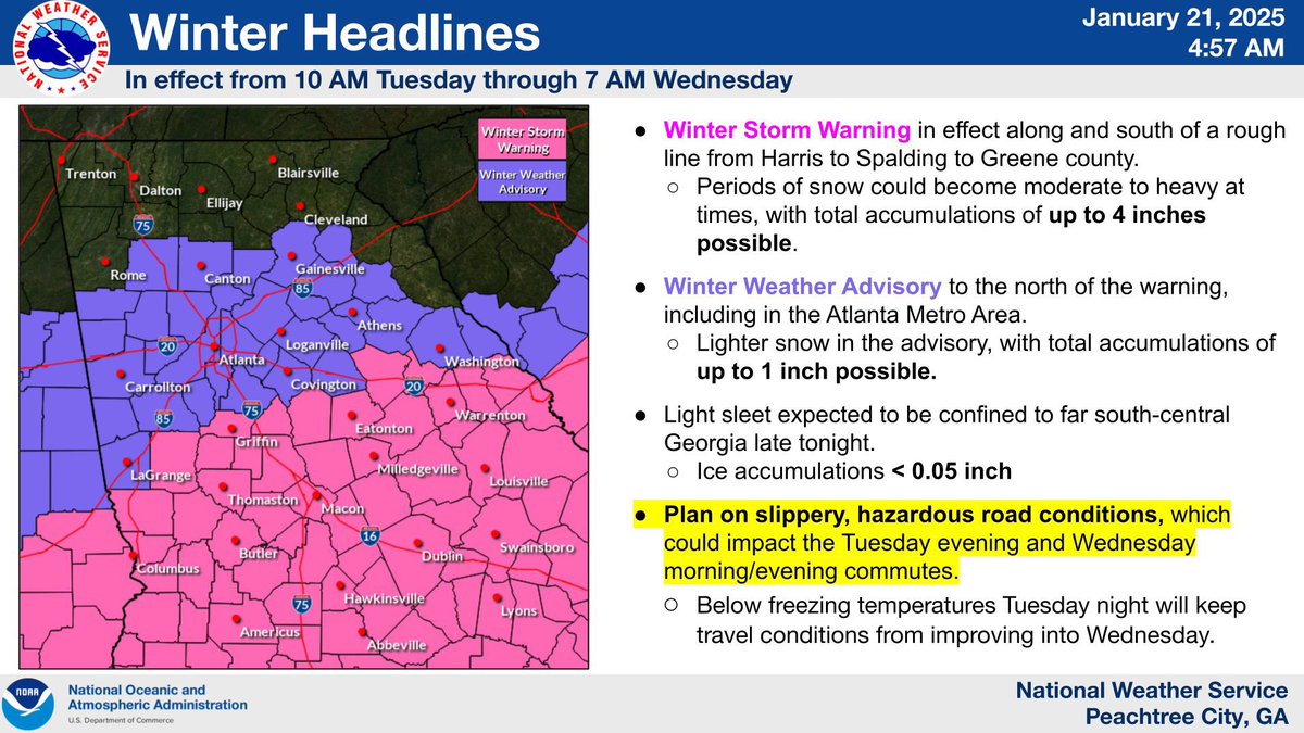 rahulbali's tweet photo. WINTER WEATHER UPDATE

Key message from Governor Kemp and emergency management leaders is to stay off the roads starting at noon and “early afternoon at the latest”

Predicted to be a 36-48 hour event. Prep for power outages &amp; freezing pipes. #gapol WATCH: https://t.co/55XS3mZqqI https://t.co/AtpDea64Er