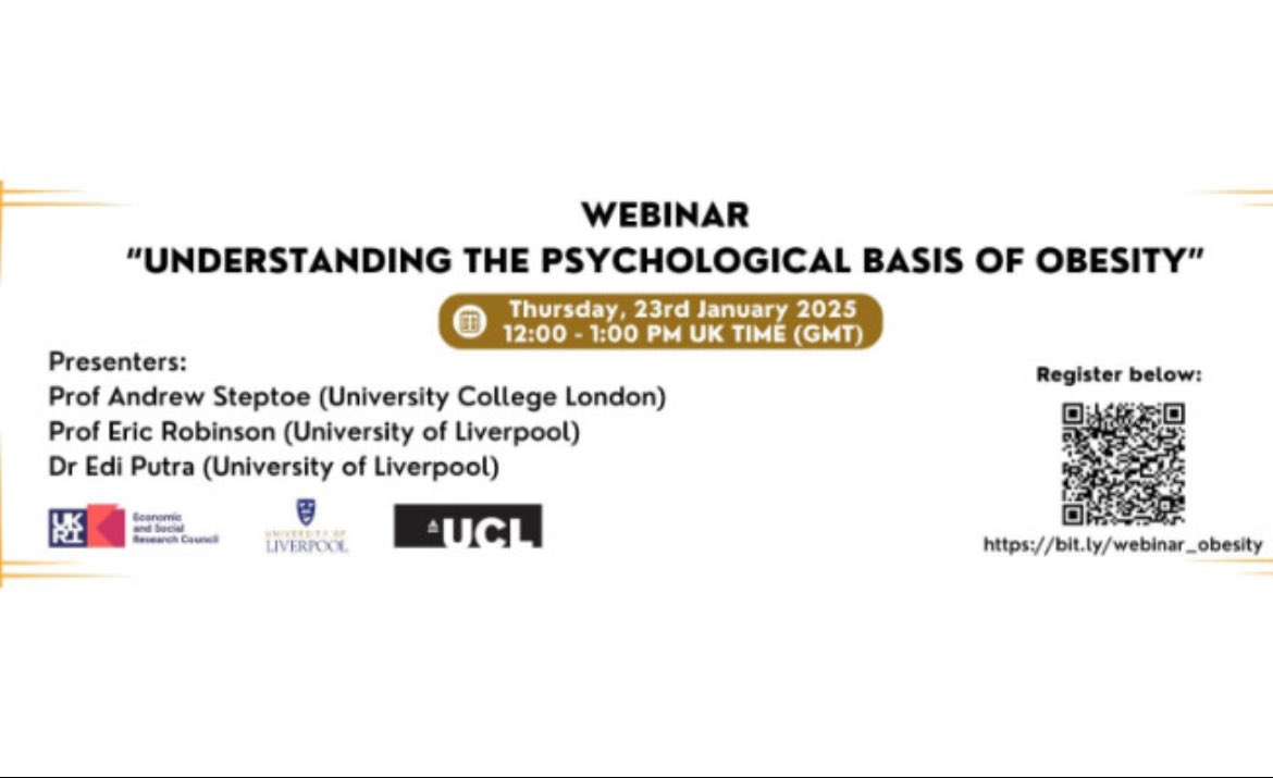 Upcoming Webinar: “Understanding the Psychological Basis of Obesity”

🗓️ Thur 23 Jan 12pm UK/1pm Paris

Register here: bit.ly/webinar_obesity 

<a href="/andrewp_steptoe/">AndrewSteptoe</a> <a href="/ediputra_ign/">Edi Putra IGN</a>