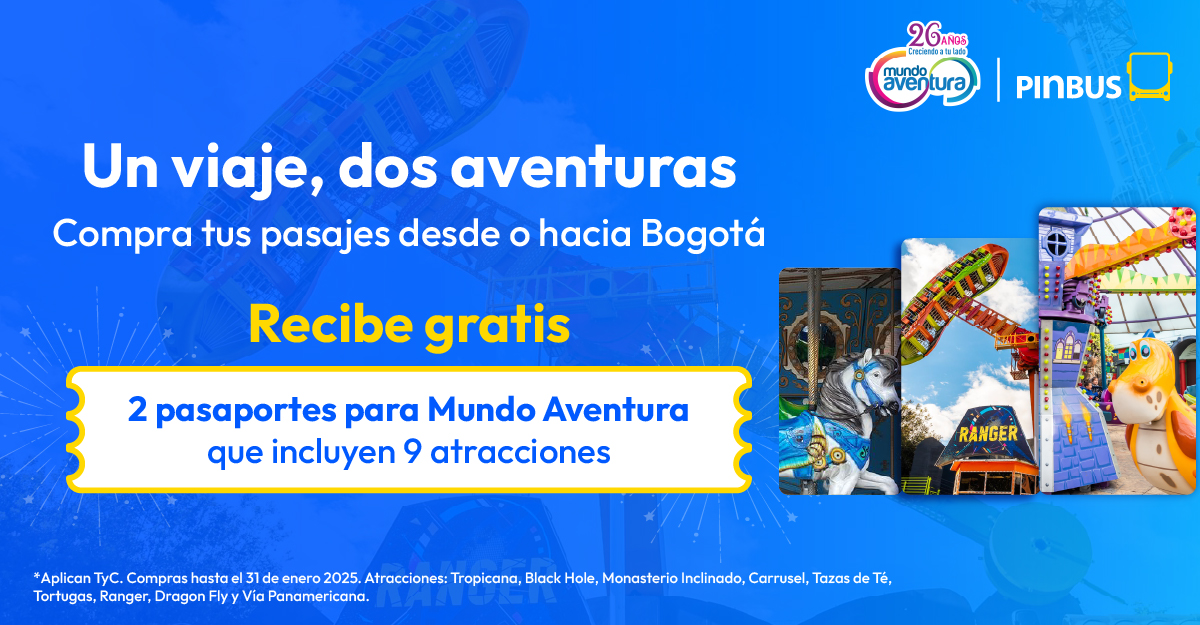 🚌🎡¡Aventura x2 a la vista! Compra tus pasajes desde o hacia Bogotá y recibe 2 pasaportes gratis para ir a Mundo Aventura.
*Aplican TyC. tyc.pinbus.com/alianza-mundo-…