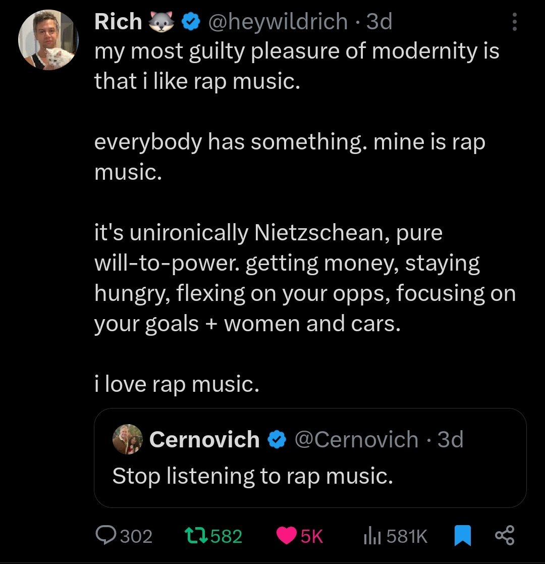 JetherBlaise's tweet photo. @Aliathewhite @CoomerGremlin gee, wonder why this kind of music that inspires self actualization took off and rock/alternative/emo/punk music died off... guess people don't have an interest in suicide/simp/political depression music https://t.co/SGslJPcPdB
