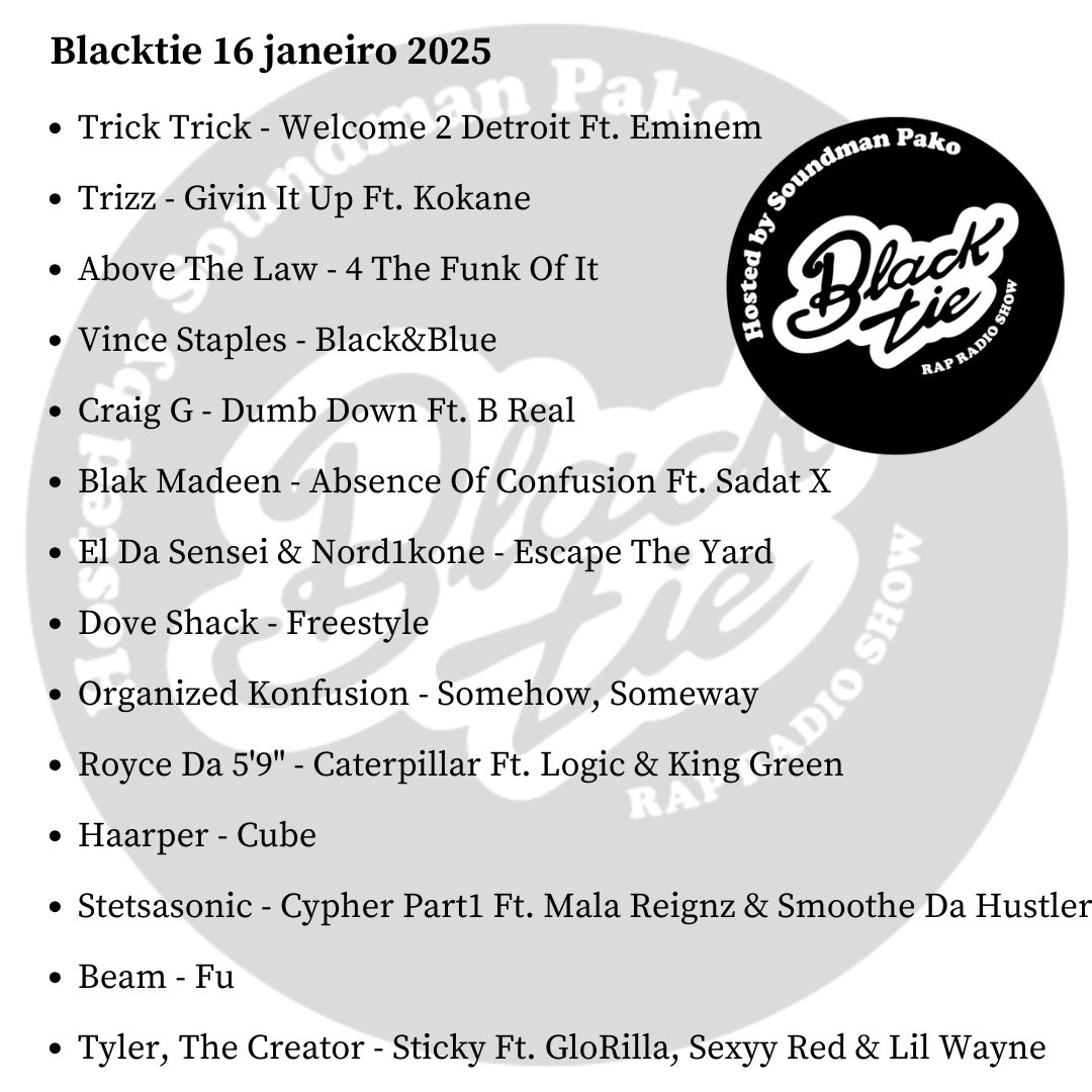 ShowBlacktie's tweet photo. Blacktie Radio Show 16/01/25
By @SoundmanPako 
https://t.co/uP5twyiye3 https://t.co/aHrVrRjSGC