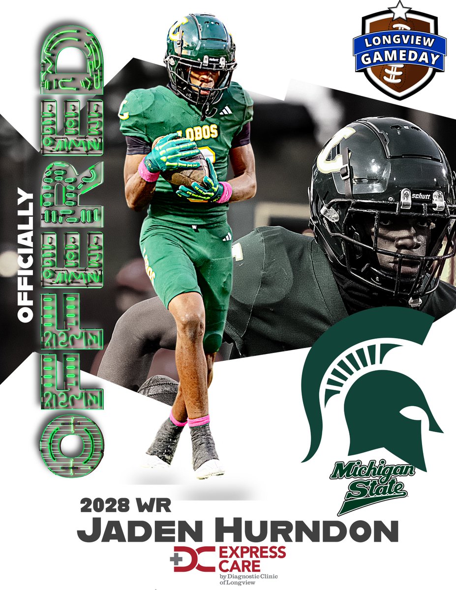 Longview Gameday (@longviewgameday) on Twitter photo Offer #3 for Jaden Hurndon is from another Big 10 school. The freshman WR picks up an offer from <a href="/MSU_Football/">Michigan State Football</a>
<a href="/MSU_Athletics/">Michigan State Athletics</a> <a href="/msucontent/">Michigan State Content</a> <a href="/TheSpartansWire/">SpartansWire</a> <a href="/JadenH_D1/">Jaden Hurndon</a> Offer #3 for Jaden Hurndon is from another Big 10 school. The freshman WR picks up an offer from <a href="/MSU_Football/">Michigan State Football</a>
<a href="/MSU_Athletics/">Michigan State Athletics</a> <a href="/msucontent/">Michigan State Content</a> <a href="/TheSpartansWire/">SpartansWire</a> <a href="/JadenH_D1/">Jaden Hurndon</a>