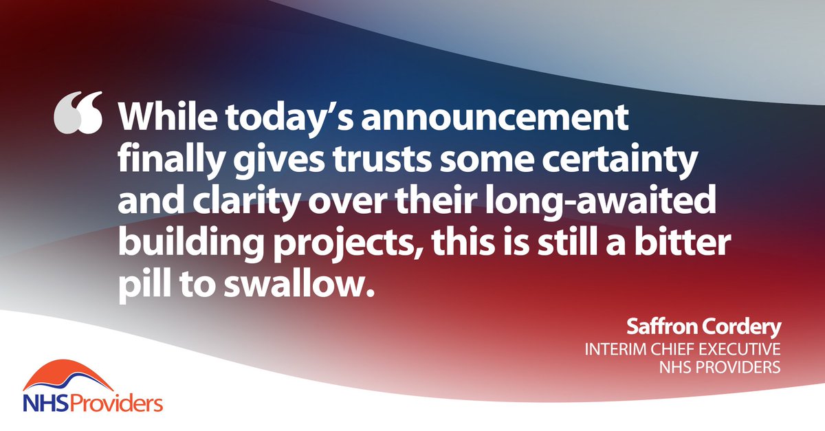 NHS Providers (@nhsproviders) on Twitter photo A major blow to trusts, their staff, patients, and communities, many of whom now face even longer delays getting desperately needed new hospitals."
Our interim chief executive <a href="/Saffron_Policy/">Saffron Cordery (saffroncordery.bsky.social)</a> responds to the New Hospital Programme review.
Read more bit.ly/40GqfRE A major blow to trusts, their staff, patients, and communities, many of whom now face even longer delays getting desperately needed new hospitals."
Our interim chief executive <a href="/Saffron_Policy/">Saffron Cordery (saffroncordery.bsky.social)</a> responds to the New Hospital Programme review.
Read more bit.ly/40GqfRE